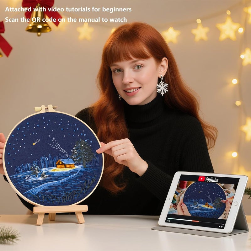 Crafmanoe Christmas Embroidery Kits for Beginners Adults, Winter Hand Embroidery Starter Kits, Christmas Cross Stitch Kits for Beginners Needlepoint DIY Kits for Adults, Embroidery Hoop, Thread & Video Tutorial - Image 3